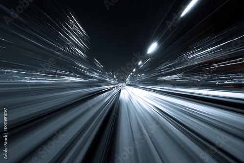 Abstract view of blurred light trails on a dark background creating a sense of speed and movement