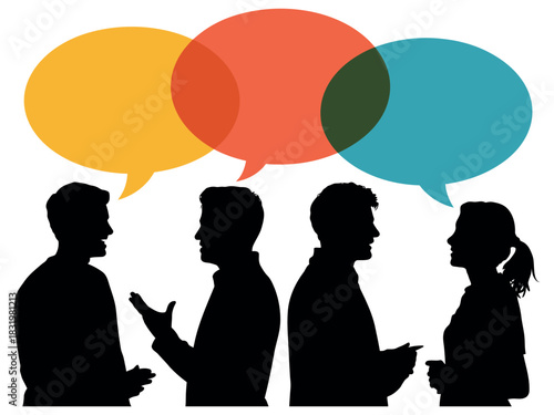 Silhouettes of people in conversation with colorful speech bubbles above their heads