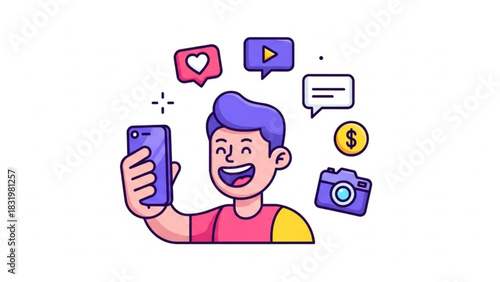 Social media influencer content creator using phone for likes shares and engagement online marketing strategy