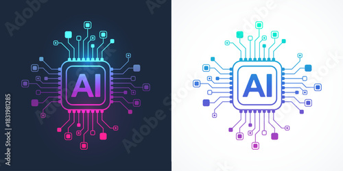 Artificial intelligence icon, sign, logo in the circuit line style. AI processor vector icon flat design. Motherboard digital chip AI. Machine learning design