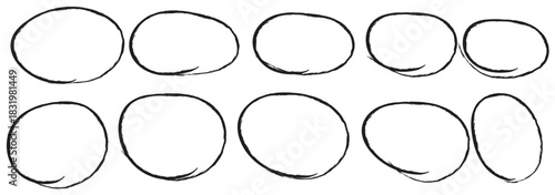 Hand drawn circle highlighter line sketch set. Vector marker circular lines, doodle round circles for message note mark design element. Pencil or pen bubble sketch set. Vector illustration