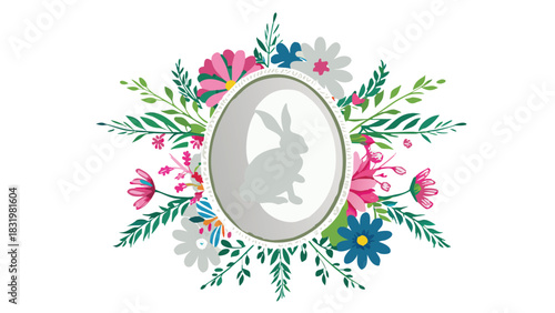A whimsical easter egg adorned with a silhouette of a rabbit surrounded by a vibrant floral arrangement of pink blue and white flowers and green leaves
