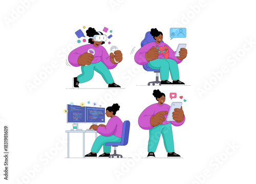 A modern woman who is digitally fluent and capable in multiple roles—be it a gamer, a developer, or an active tech user—reflecting the themes of "Women in Tech" and the "Digital Native" generation.