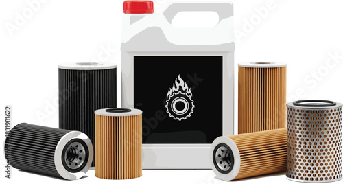 Automotive Engine Maintenance Vector Set Featuring Various Styles of Oil Filters, Fuel Filters, and a Generic Liquid Canister Illustration
