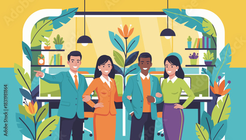 Diverse successful business team smiling in a modern biophilic office symbolizing teamwork and professional growth