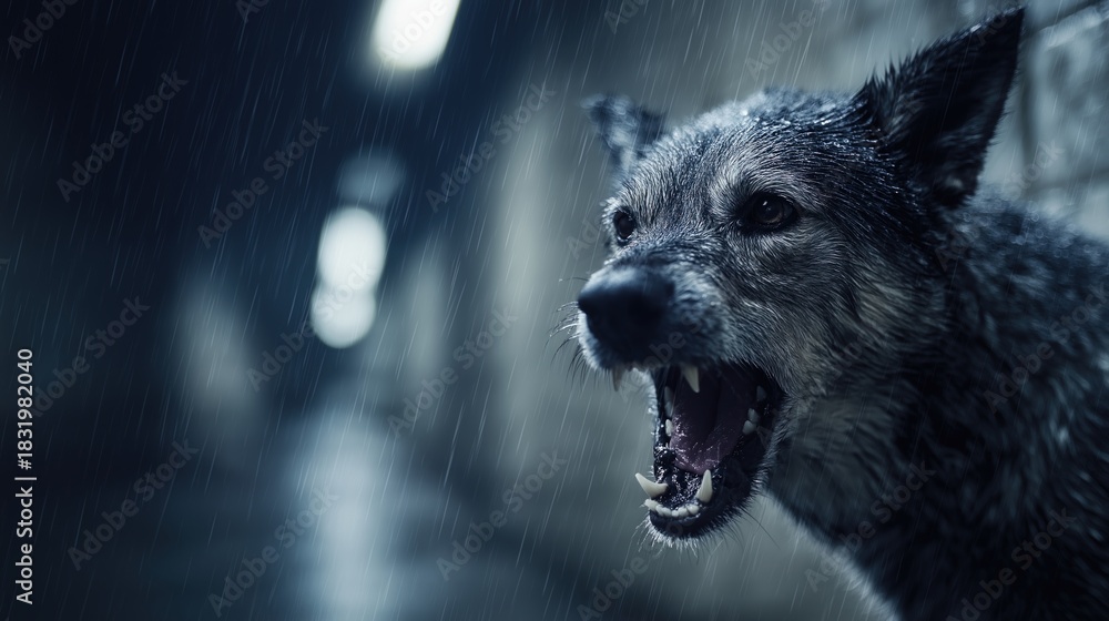 Fototapeta premium Snarling Wolf in Rainy Urban Night