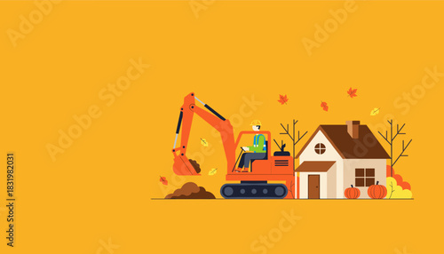 Excavator digging earth next to a home construction work during the autumn season