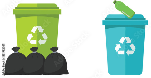 Cartoon Recycling Bins with Garbage Bags and Plastic Bottle Waste Sorting Eco Flat Vector Illustration Isolated