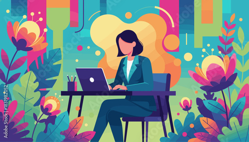 Woman works on laptop in a vibrant floral digital environment Remote work concept