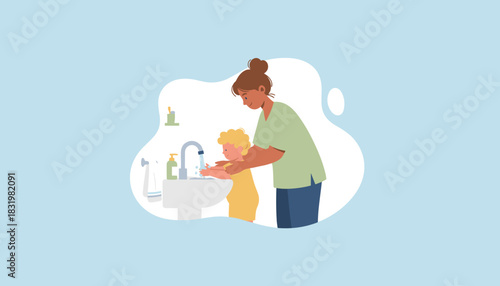 Mom helping young child wash hands at the sink Hygiene education parenting and health routine