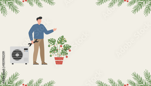 Mechanic stands by AC unit and Christmas plant decor Seasonal home repair service illustration