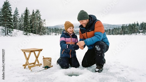 Father and daughter ice fishing together on snowy lake in winter  