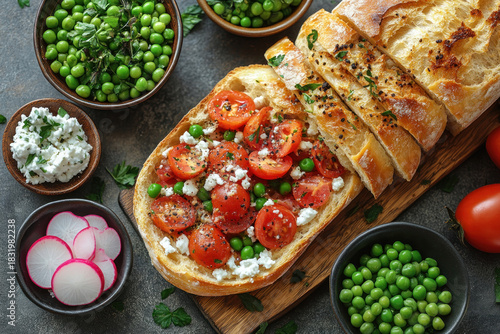 Wallpaper Mural A fresh and vibrant gastronomic still life featuring crispy bread filled with juicy cherry tomatoes, green peas, and tender, crumbly feta cheese  Torontodigital.ca