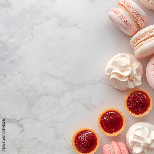 Delightful modern pastel holiday theme dessert spread. Tempting mini cranberry tarts, elegant white pavlova, and delicate pink macarons arranged clean copy space marble surface. Perfect sweet