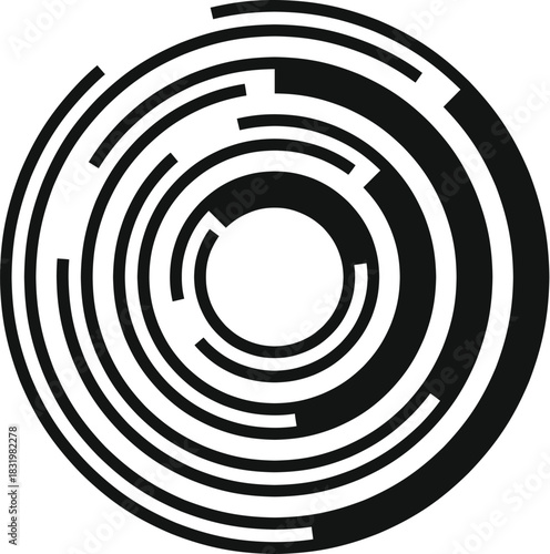 Abstract black and white circle forming a digital concentric maze pattern