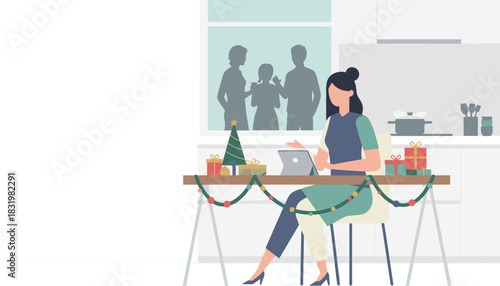 Busy woman works on laptop surrounded by holiday gifts and decorations in the kitchen