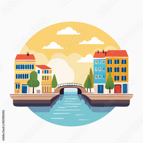 Quaint European Canal Scene With Colorful Buildings And A Stone Arch Bridge Under A Bright Sunny Sky