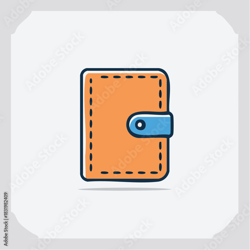 Orange Leather Wallet With Blue Clasp and Stitched Edges Simple Icon on Light Gray Background Minimalist Design