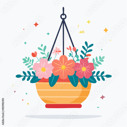 Vibrant Hanging Flower Basket With Pink And Orange Blooms And Green Leaves Against A Light Blue Background With Colorful Sparkles