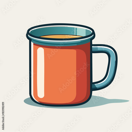 Orange Enamel Camping Mug Filled With Light Brown Coffee And A Blue Rim And Handle On A Light Cream Background With Subtle Shadows