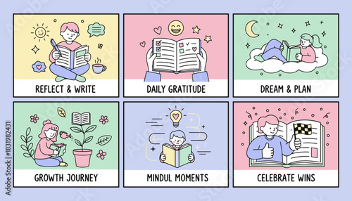 Selfimprovement habits grid reflection gratitude planning growth and celebrating wins illustrations