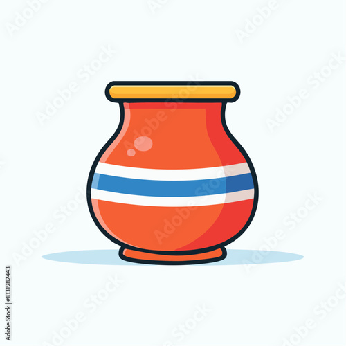Pixel Art Orange Clay Pot With Blue Stripe Accent And Yellow Rim Isolated On White Background Minimalist Vector Illustration