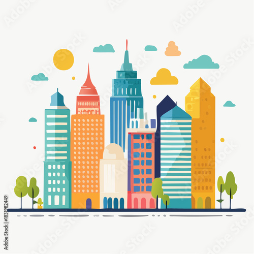 Modern Cityscape With Colorful Tall Buildings Under A Bright Sun With Fluffy Clouds And Green Trees On A Clear Day