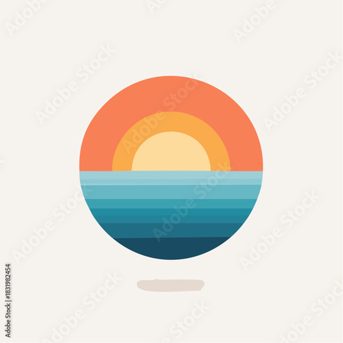 Abstract Circular Sunset Over Ocean Waves Stylized Illustration Warm Orange Sky and Cool Blue Water with Soft Shadow Effect