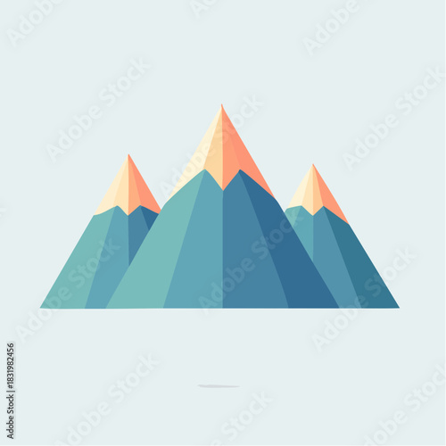 Geometric Mountain Peaks in Teal Blue Orange and Yellow Hues Against a Pale Blue Sky with Minimalist Design