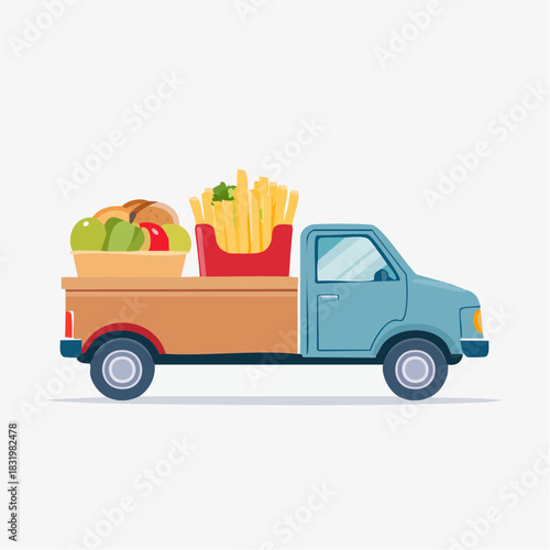 Light Blue Pickup Truck Delivering Fresh Food Basket With French Fries And Vegetables On A White Background