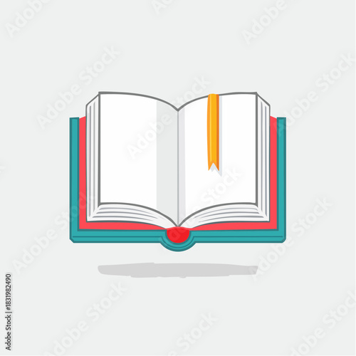 Open Book With Yellow Bookmark Showing Blank White Pages And Teal Cover With Red Spine And Subtle Shadow On Light Gray Background
