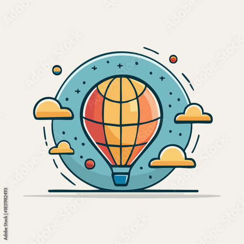 Vibrant Hot Air Balloon Ascending Through Clouds Against A Circular Teal Sky With Stars And Orange Accents