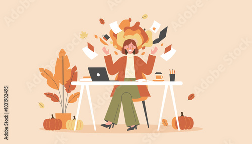 Autumn workload stress Smiling woman overwhelmed by papers and fall deadlines in home office