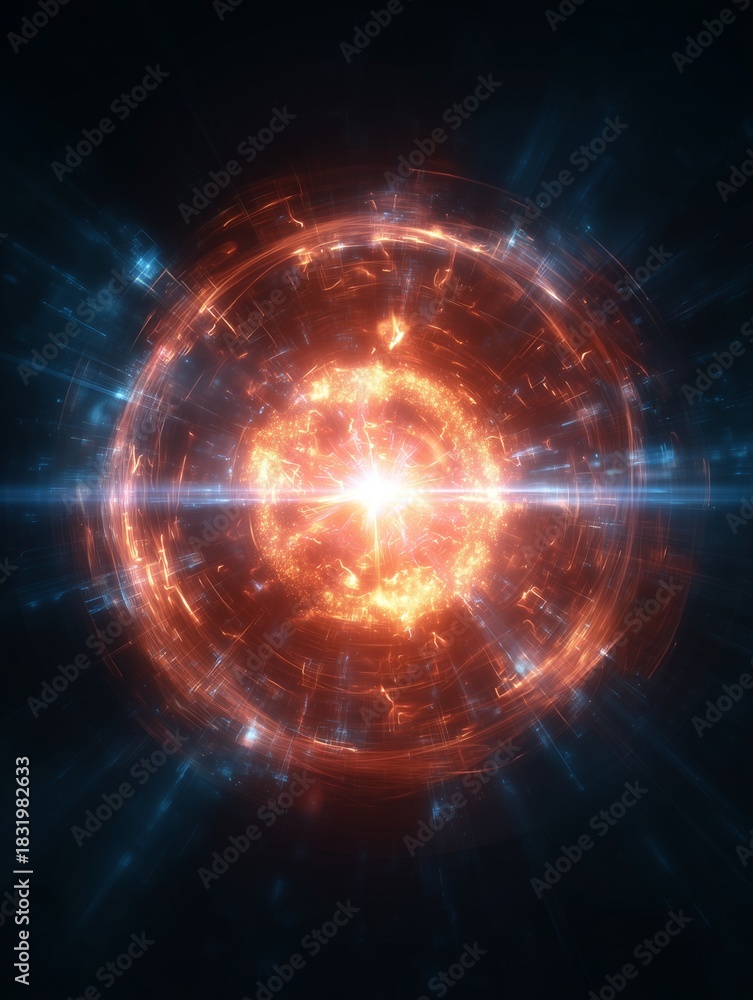 Fototapeta premium Cosmic Burst of Energy: A vibrant illustration of a cosmic explosion unfolds, featuring an eye-catching burst of radiant light and energy.