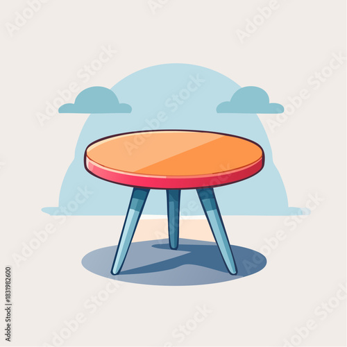 Round Orange Table With Red Edge And Blue Legs Against A Light Blue Arch And Two Clouds In A Minimalist Style