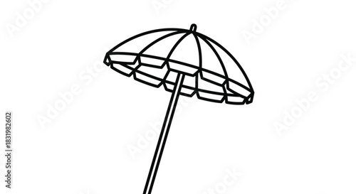 Simple line art drawing of a classic beach umbrella with a striped canopy and a long pole, rendered in black and white, perfect for summer themes.
