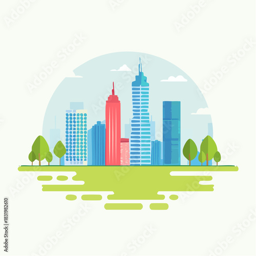 Modern Cityscape With Tall Buildings And Green Trees Under A Light Blue Sky With Clouds On A Sunny Day