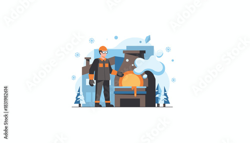 Industrial heating engineer operates a hot furnace outdoors during winter work