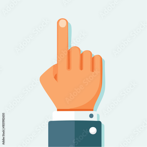 Illustration Of An Orange Skin Hand In A Dark Blue Suit Pointing Upwards With Index Finger Against A Light Blue Background