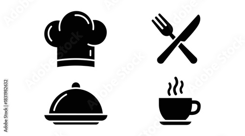 Restaurant and food service icons chef hat silverware platter and coffee