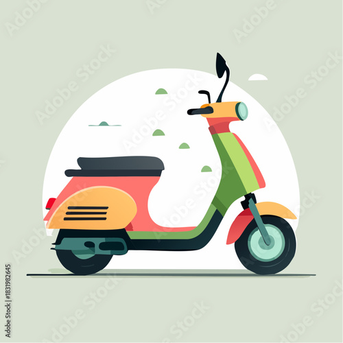 Retro Orange And Green Scooter Parked Outdoors In Soft Sunlight With A Pale Green Arch Background