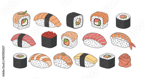 A delightful assortment of hand-drawn sushi illustrations, featuring popular Japanese dishes like nigiri, maki, and gunkan, on a clean white background.