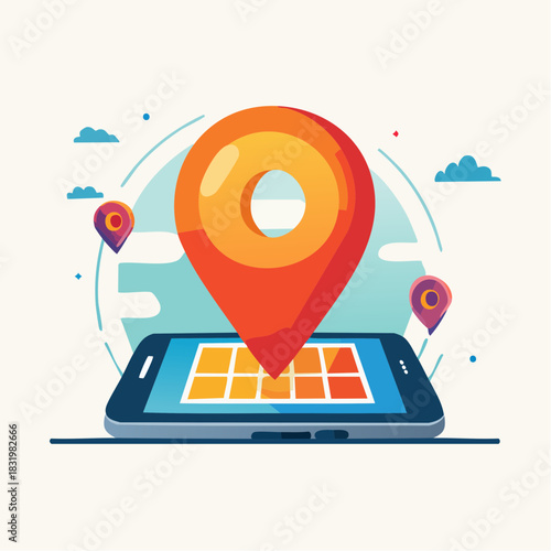 Large Orange Map Pin Floating Above Smartphone Displaying Grid Navigation App With Small Map Icons In Background On A Sunny Day