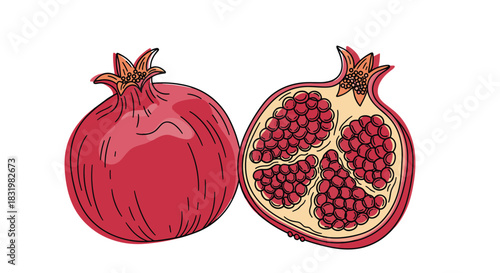Stylized illustration of a whole ripe pomegranate and a half-cut one, exposing its numerous juicy red arils against a white backdrop.
