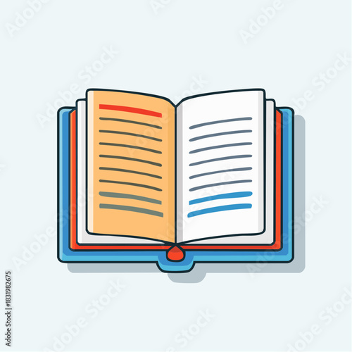 Open Book With Orange Pages And Blue Lines On Pages In A Blue Cover With Red Accent And Minimalist Style On A Light Blue Background