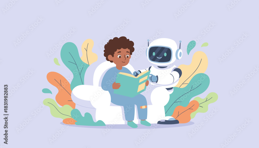 Fototapeta premium Illustration of a happy child reading a book with a friendly educational robot helper