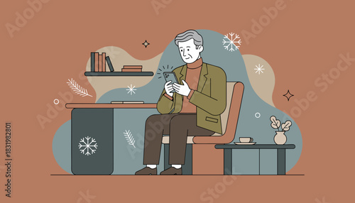 Mature man checking smartphone at his desk in a cozy modern flat design illustration