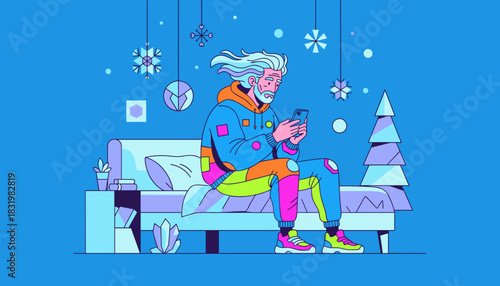 Stylish man checks his phone in a colorful modern room decorated for winter holidays