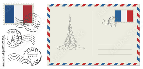 Postage stamp France. Rubber postal stamp France. Vintage illustration in grunge style.