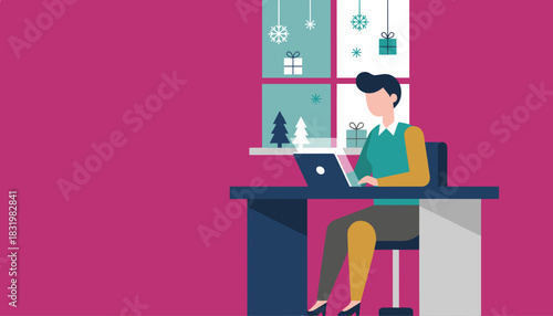 Working on a laptop during the winter holidays Remote Christmas business tasks illustration